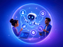 Illustration of an agentic enterprise in a circle with icons for AI agents, business, and a male and female founder on a blue background.