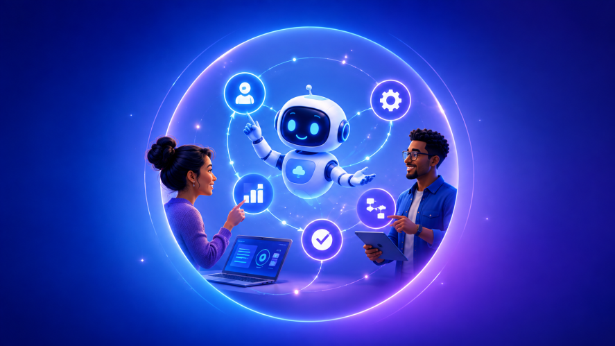 Illustration of an agentic enterprise in a circle with icons for AI agents, business, and a male and female founder on a blue background.