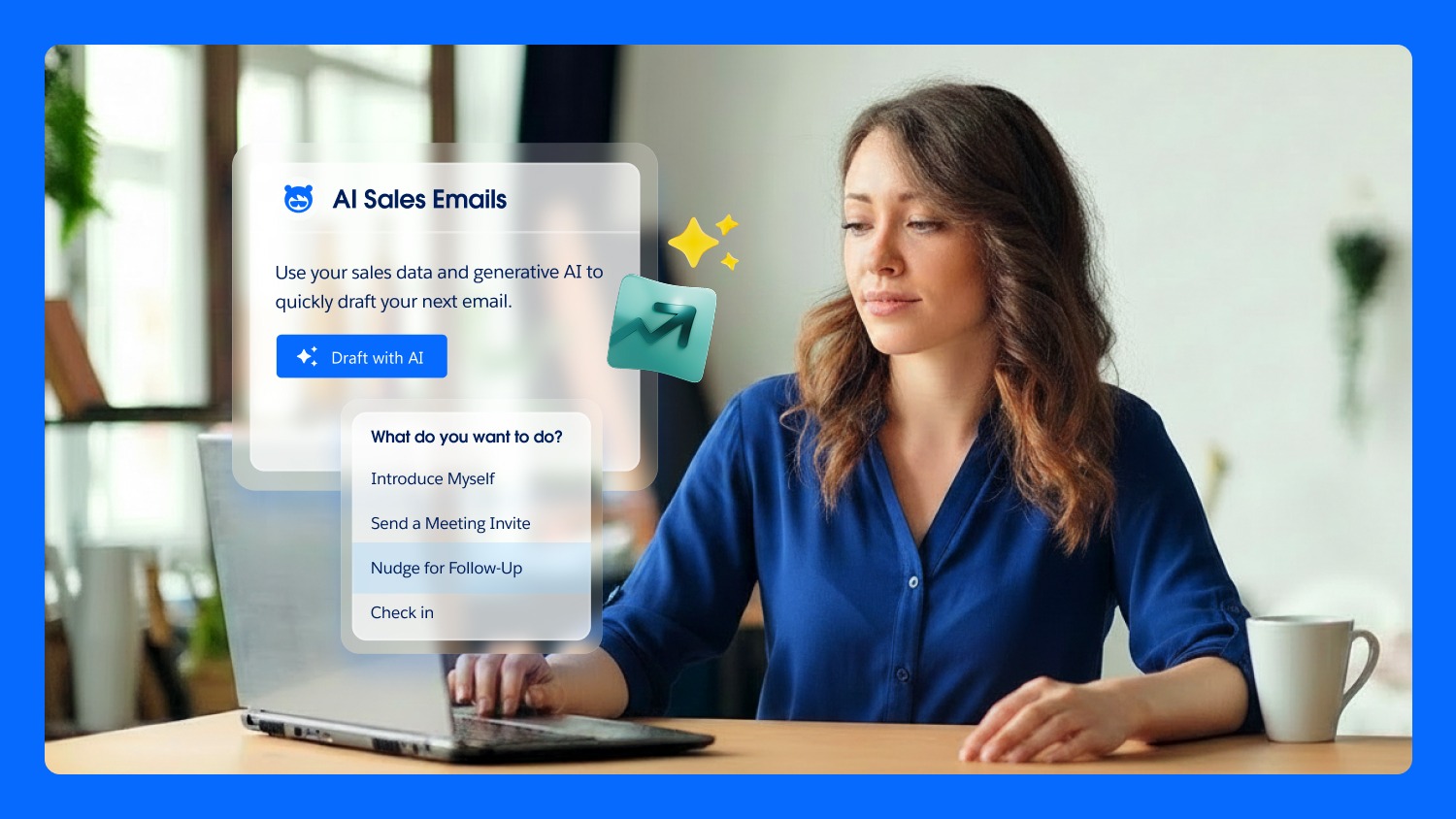 WOman at desk with sales AI agent in business setting with icons on screen.