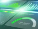 Digital business chart shows data and green financial analysis using AI technology in an office setting.
