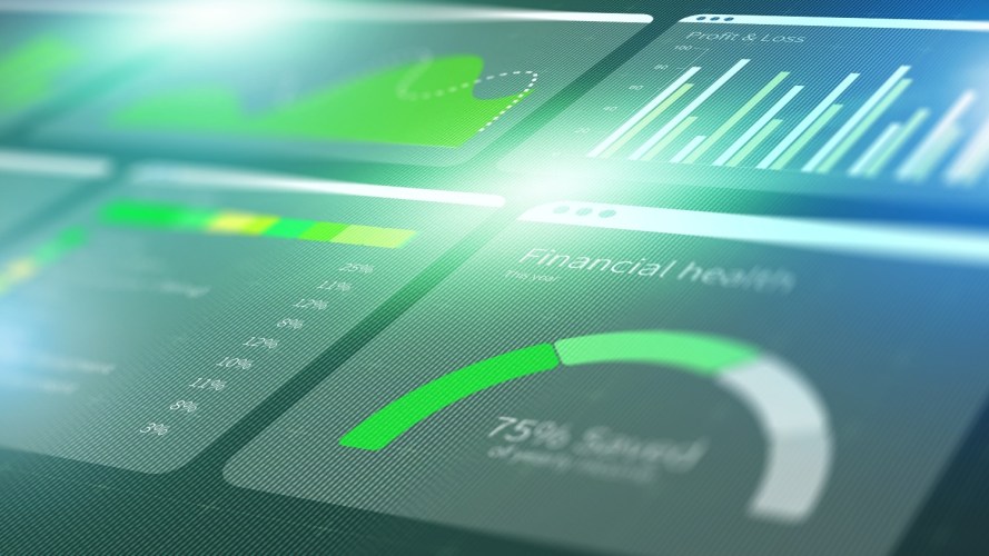 Digital business chart shows data and green financial analysis using AI technology in an office setting.