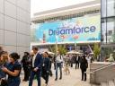 Dreamforce sign during conference outside with people walking in California.