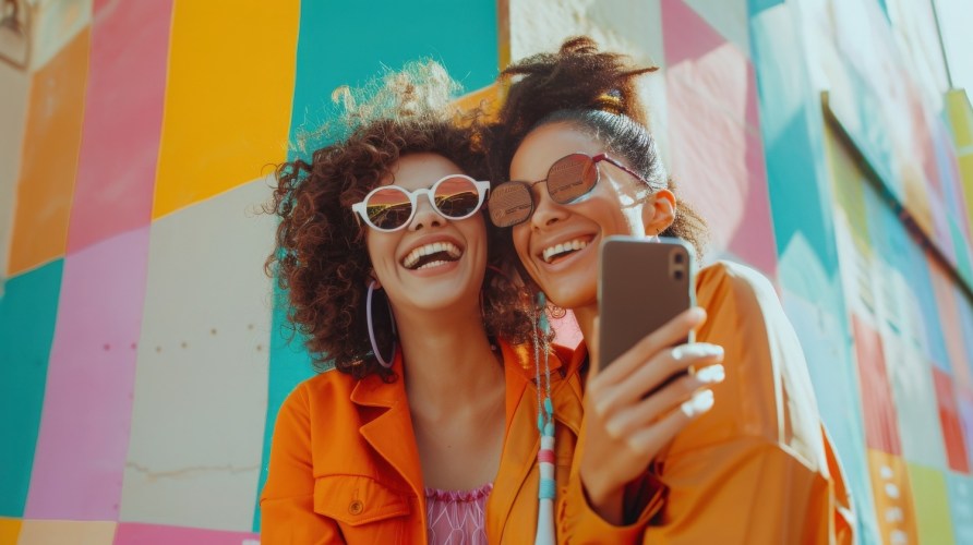Two smiling women taking a selfie on a colorful background.