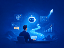 Illustration of a sales rep being coached by AI sales coach at a desk with a road leading to dollar icons on a blue background.