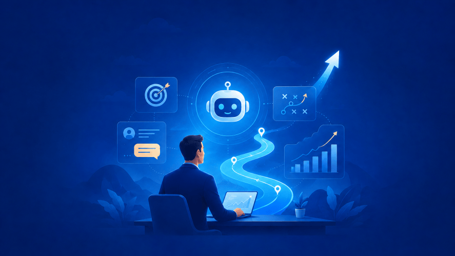Illustration of a sales rep being coached by AI sales coach at a desk with a road leading to dollar icons on a blue background.