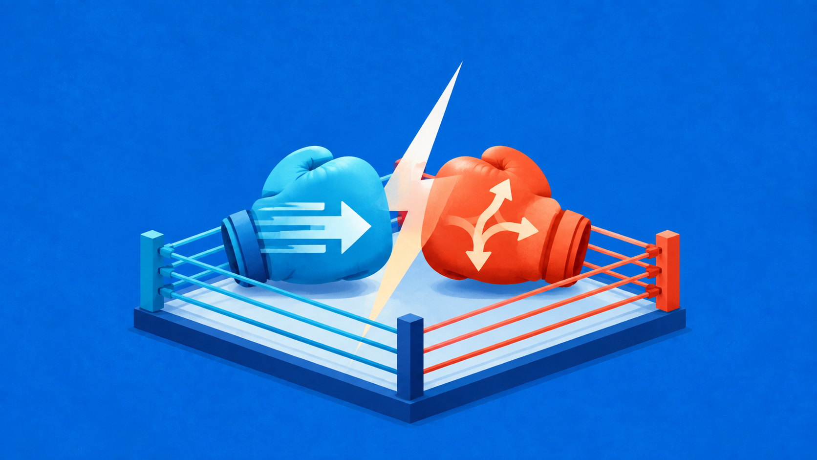 Illustration of a blue boxing glove for Direct and a red boxing glove for Indirect competitors, inside a ring with a lightning bolt in the middle, on a blue background.