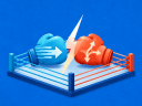Illustration of a blue boxing glove for Direct and a red boxing glove for Indirect competitors, inside a ring with a lightning bolt in the middle, on a blue background.