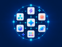 Illustration of an AI harness with icons of tech in a blue circle and dark blue background.