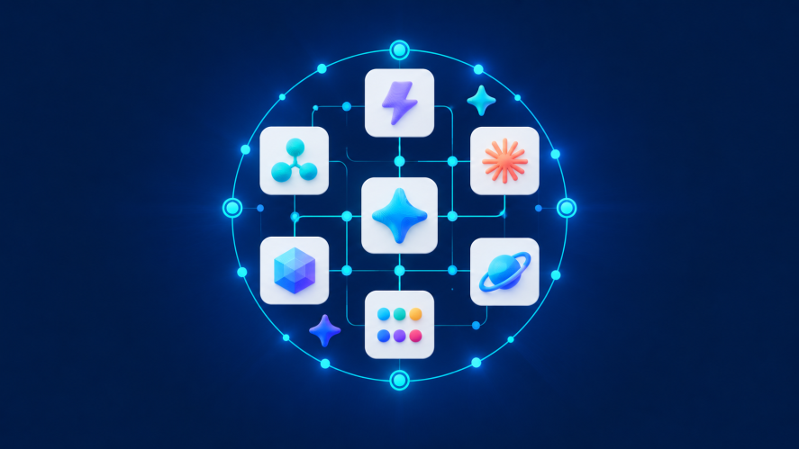 Illustration of an AI harness with icons of tech in a blue circle and dark blue background.