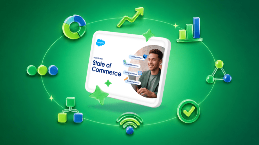 Illustration of the cover of the State of Commerce report showing business owners and charts for shopping and retail on a green background.