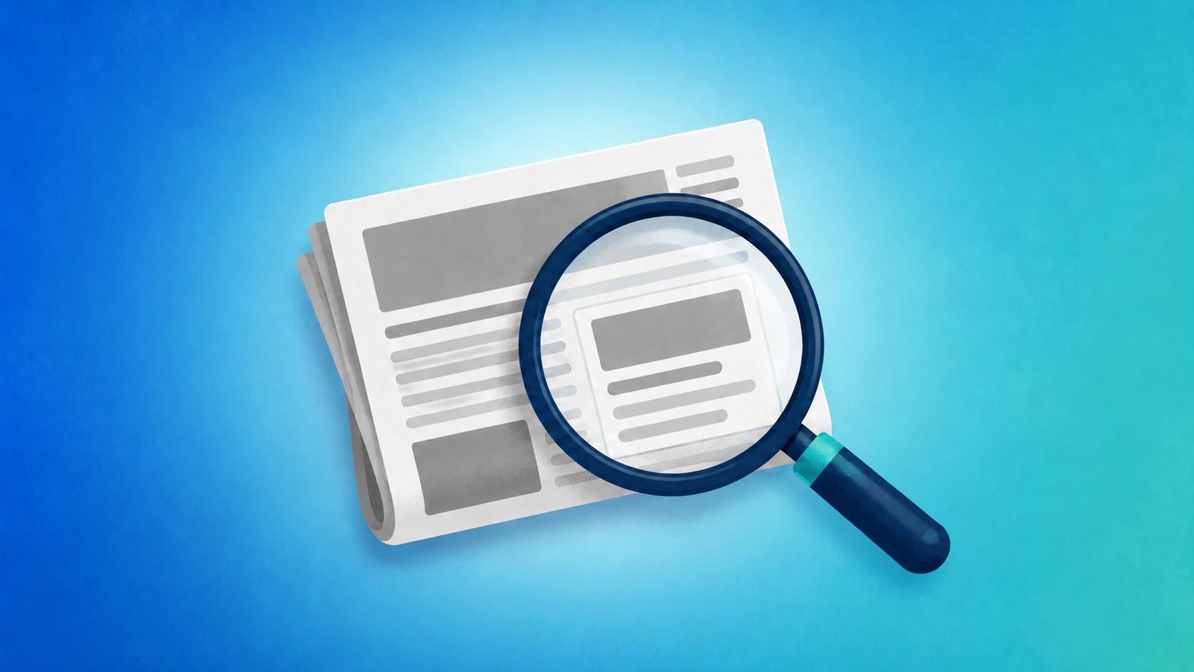 Illustration of a newspaper and magnifying glass on a blue background, signifying paid search.
