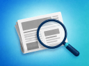 Illustration of a newspaper and magnifying glass on a blue background, signifying paid search.