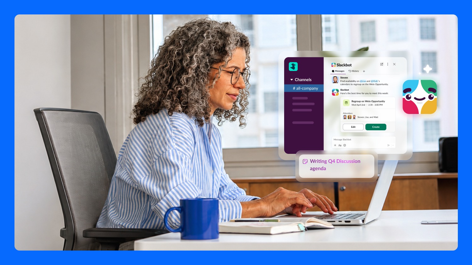 Woman sitting at desk using Slackbot AI agent for productivity in business with icon on screen.