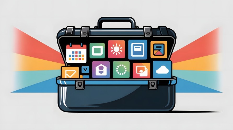 A digital toolkit filled with various software icons and apps, symbolizing productivity tools in business.