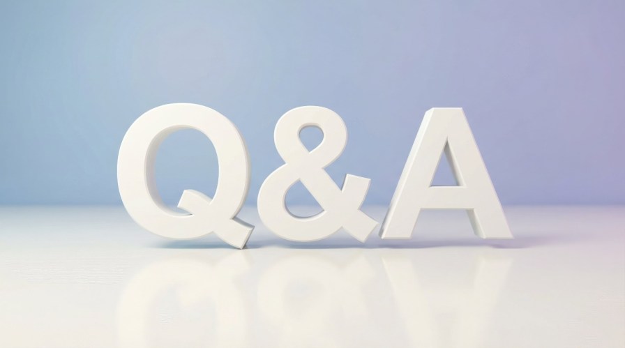 Three-dimensional white q and a letters standing on a reflective white surface against a soft purple and blue gradient background, clean studio light