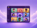 Illustration of a Slack AI dashboard and startup team in windows with Slackbot on purple background.