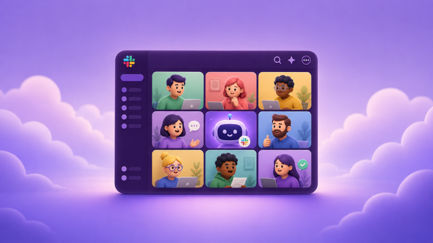 Illustration of a Slack AI dashboard and startup team in windows with Slackbot on purple background.