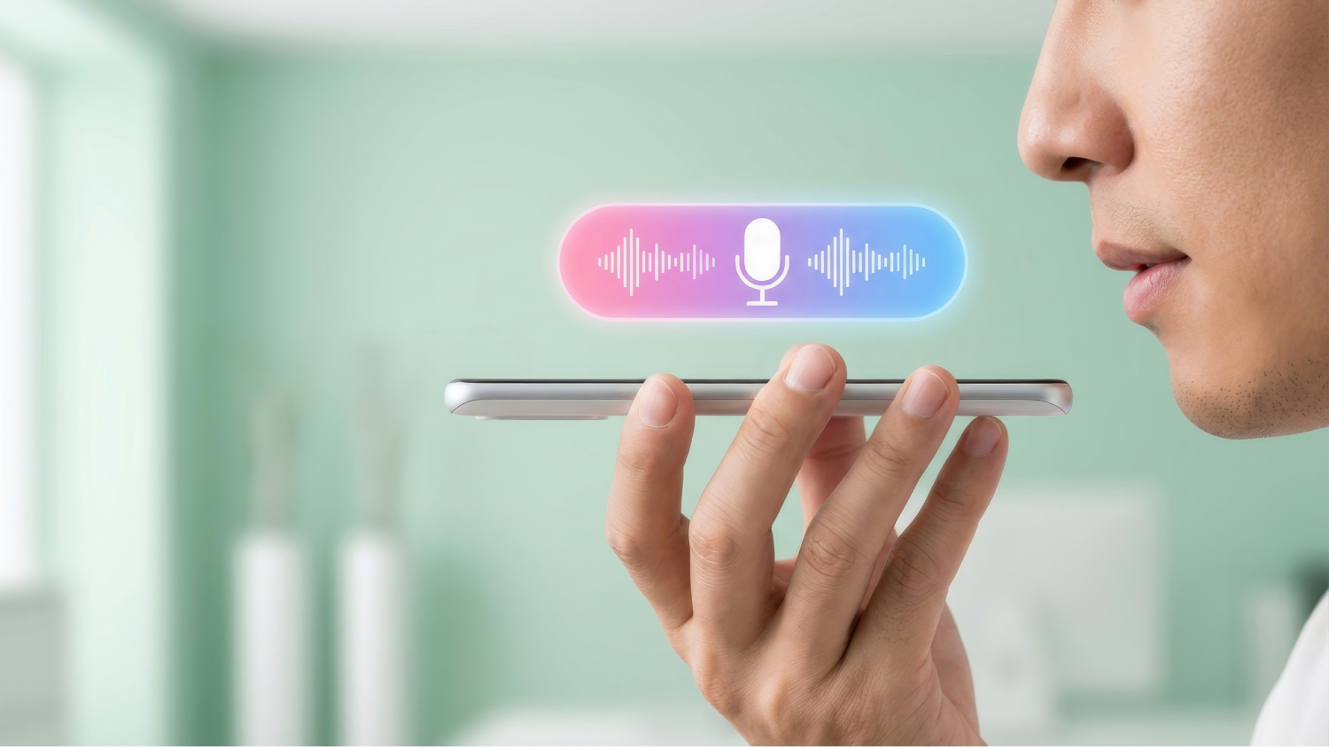 A person holding a smartphone with a voice assistant interface on the screen, featuring a microphone icon and colored sound waves. The background is a softly focused indoor setting with muted green tones.