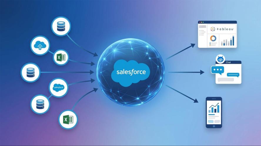 Illustrated diagram demonstrating trusted data integration by showing multiple data sources flowing into Salesforce and out to analytics tools like Tableau, chat applications, and mobile devices.