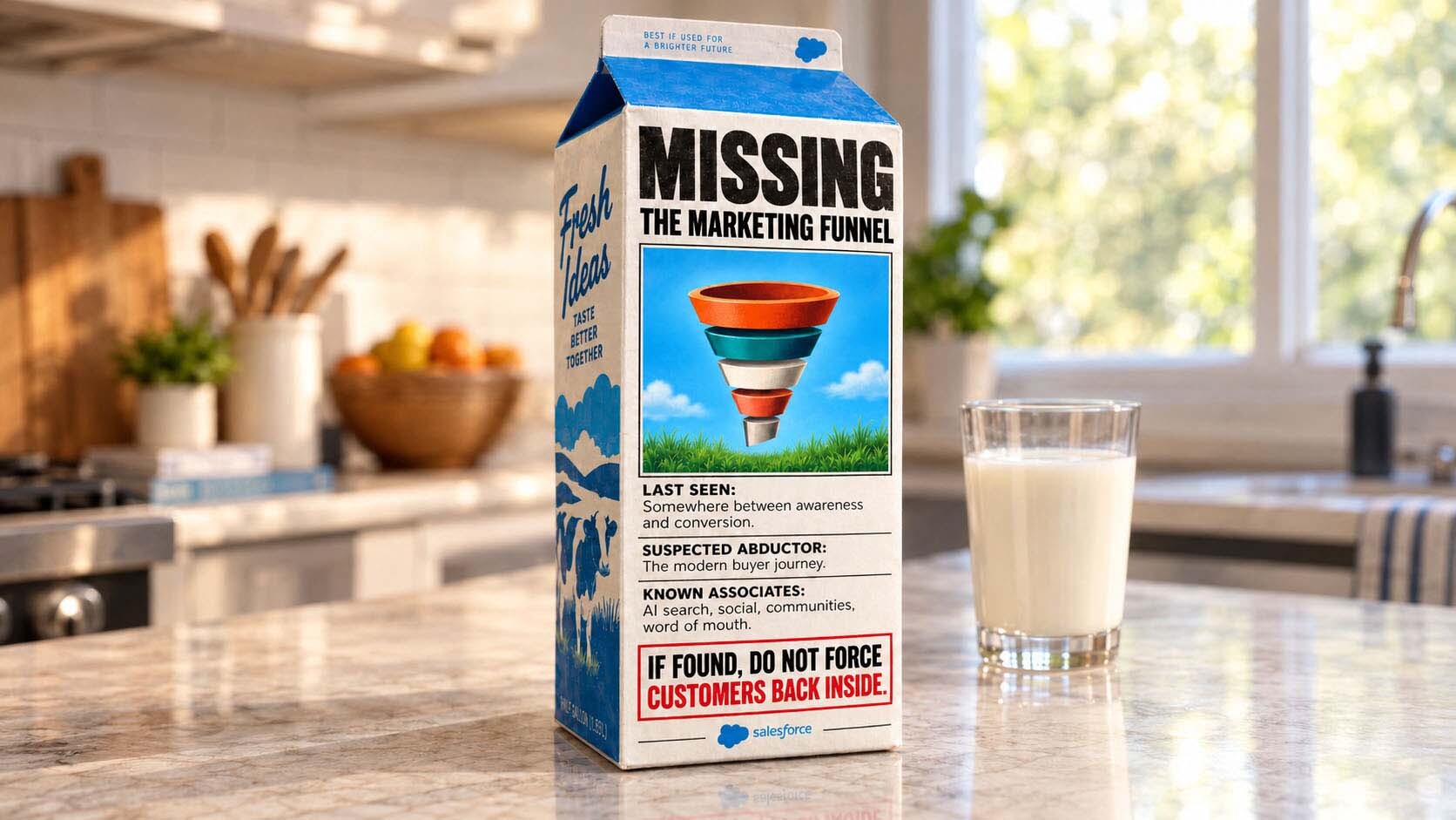 A milk carton on a kitchen counter with "Missing: The Marketing Funnel" on its the side.