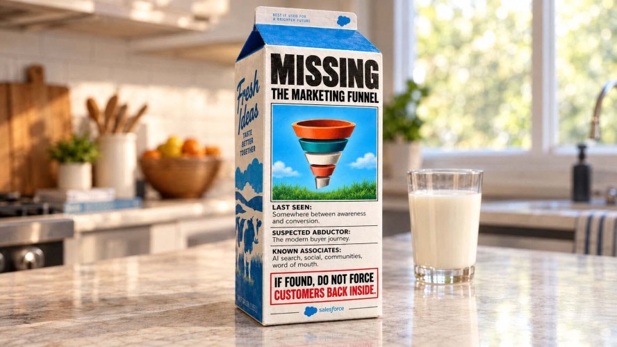 A milk carton on a kitchen counter with "Missing: The Marketing Funnel" on its the side.