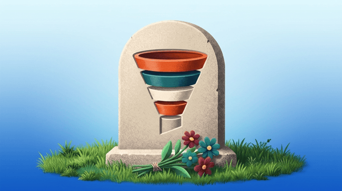 A gravestone with a marketing funnel on it sits on a patch of grass with a bouquet of flowers in front of it.