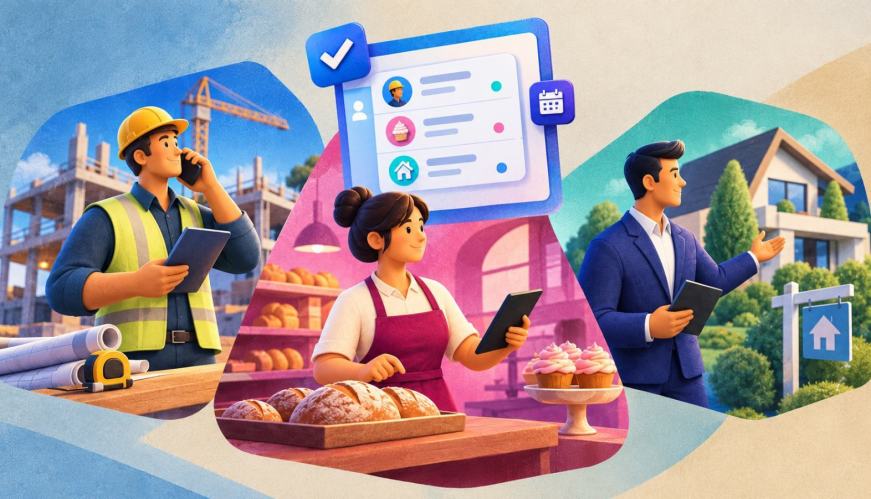 In three separate panels, a construction worker stands outside a construction site, a baker stands in a bakery, and a realtor stands outside a house. Each is holding a tablet to look at their CRM.