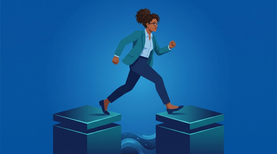 A person steps across a gap between two pedestals on a blue gradient background.