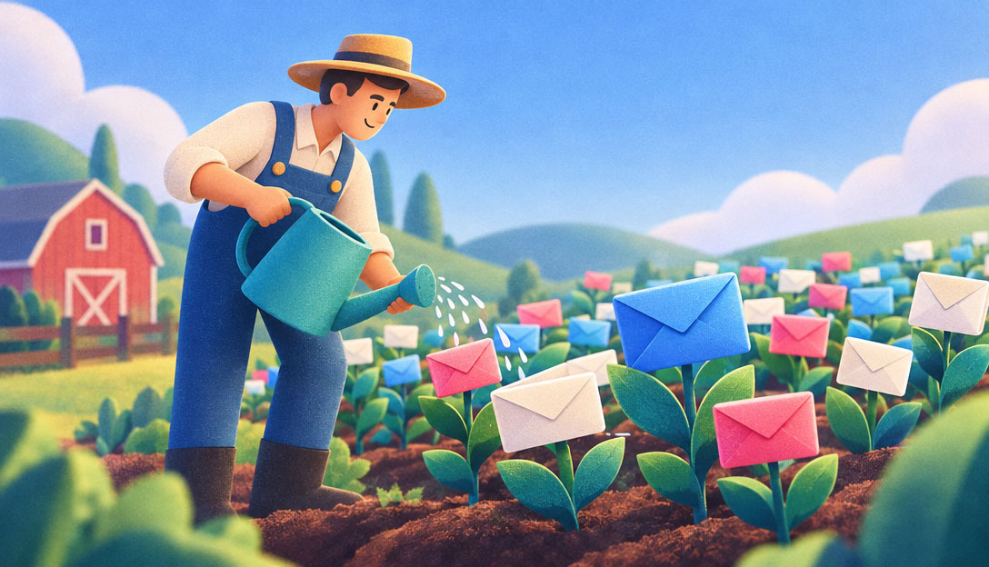 Illustration of a farmer growing emails in a garden.