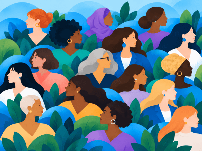 An illustration of a variety of women looking left of right, contrasted with foliage and clouds