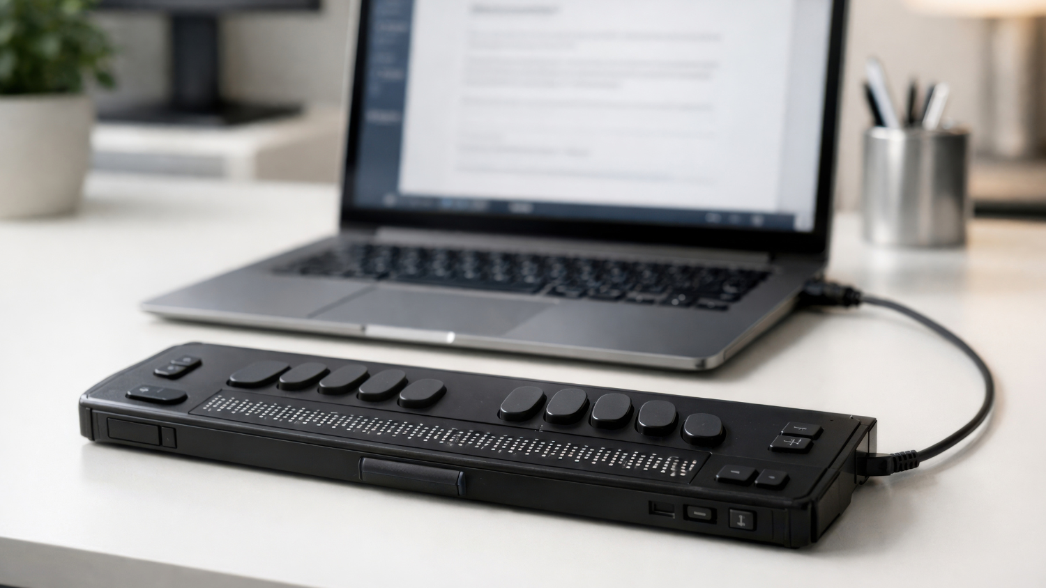 Braille display device attached to a laptop.