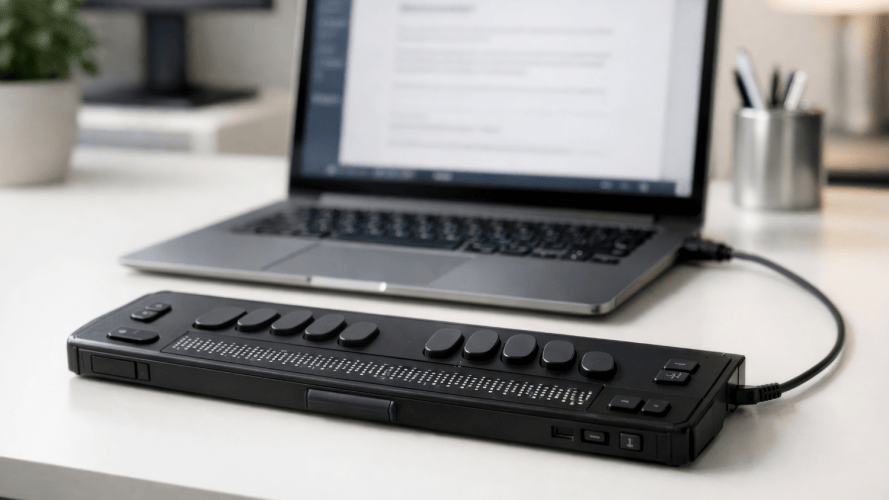 Braille display device attached to a laptop.