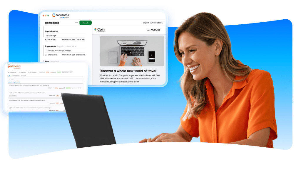 A woman looks at a laptop while screenshots of a laptop are in the inset
