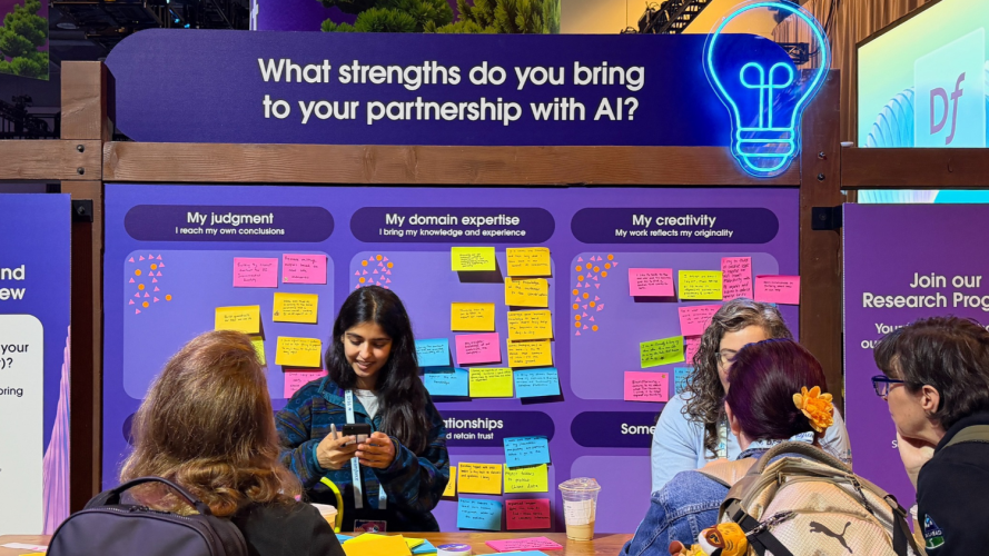 What strengths do you bring to your partnership with AI? Bulletin board with sticky notes answering the question.