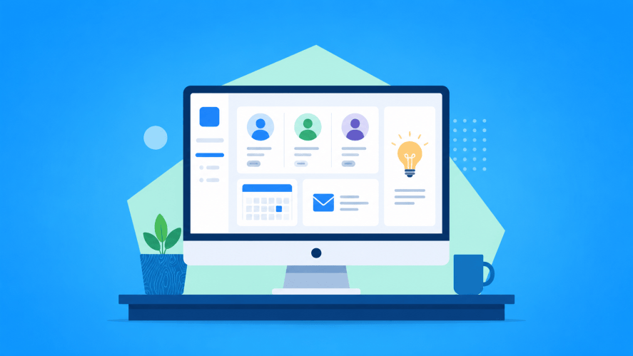Illustration of a CRM on a desktop computer on a desk, blue background with icons around it.