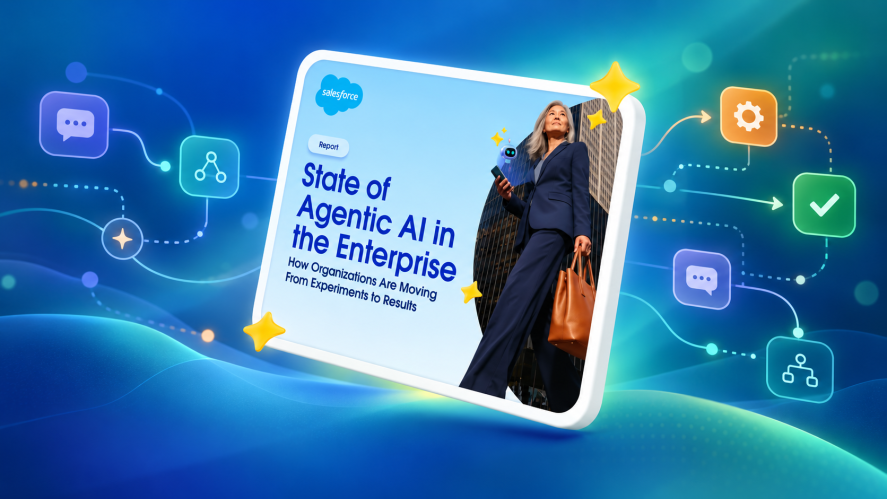 Illustration of the cover of the State of Agentic AI in Enterprise report on an ipad, and a gradient blue background with agentic icons.