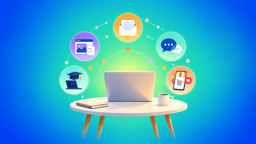 An illustration of a laptop on a desk with icons circling around it showing online business ideas on blue/teal background.