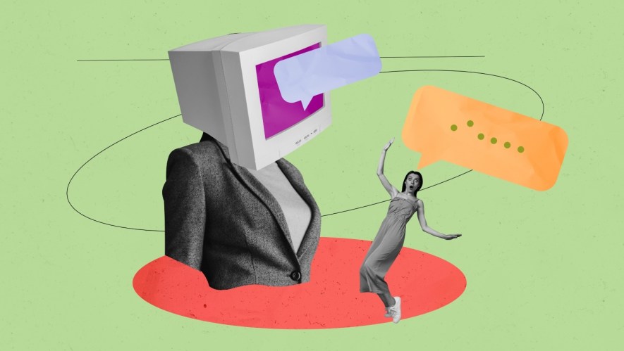 An abstract image of a woman with a computer on her head, and icons showing speech bubbles around them on a light green background.