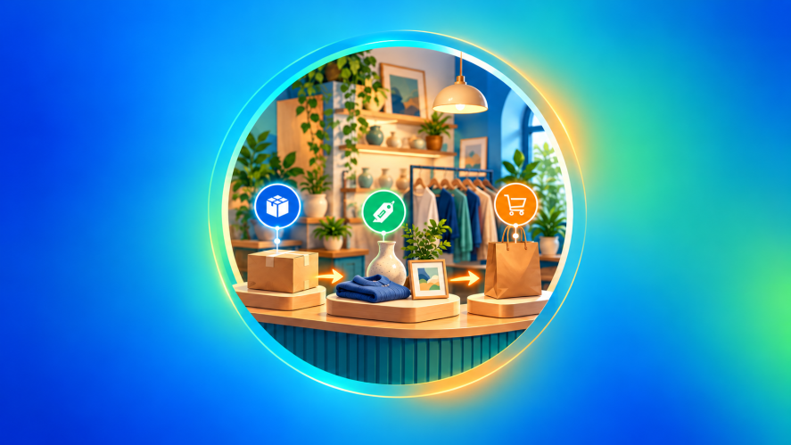 Illustration of a storefront shop with icons of shopping bags and retail icons in a circle in the center with gradient blues background.