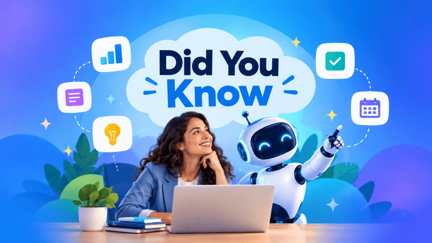 A smiling businesswoman in a blue blazer sits at a laptop beside a friendly AI robot, surrounded by productivity icons on a blue and purple gradient background with the text “Did You Know.”
