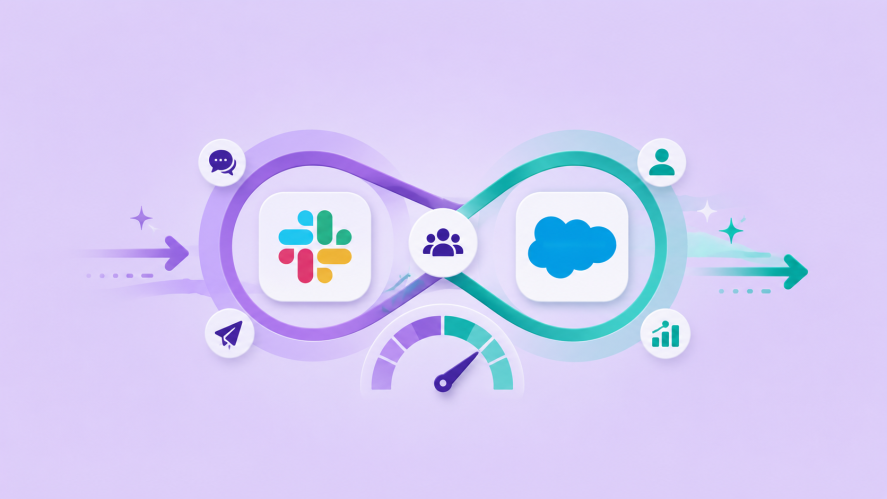 Illustration of Slack and Salesforce in a infinity circle with icons for both, showcasing sales cycle integration on a purple background.