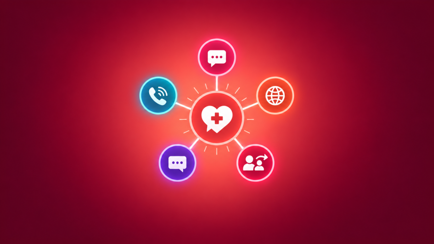 Centered customer service help-agent icon with a heart and medical cross, connected to five support channels on a red gradient background.
