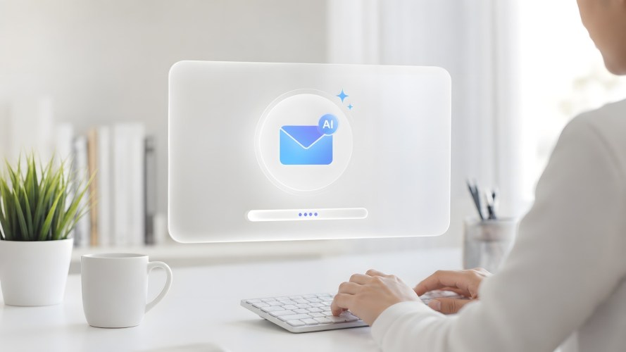Person working on desktop computer with AI email assistant interface, representing artificial intelligence, smart email management.