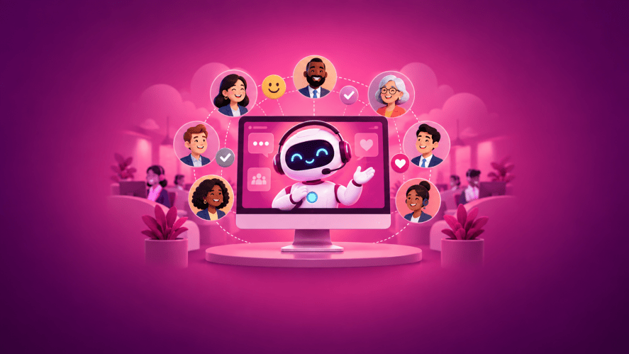 Illustration of an agentic service bot in a computer with circle images of people around it on a red gradient background.