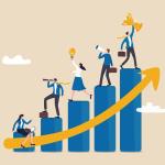 stratégia de equipe para o conceito de sucesso empresarial, equipe de empresários trabalhando para melhorar o gráfico de barras.