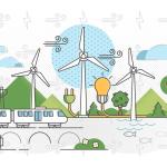 ilustração de uma cidade verde com elementos que geram energia