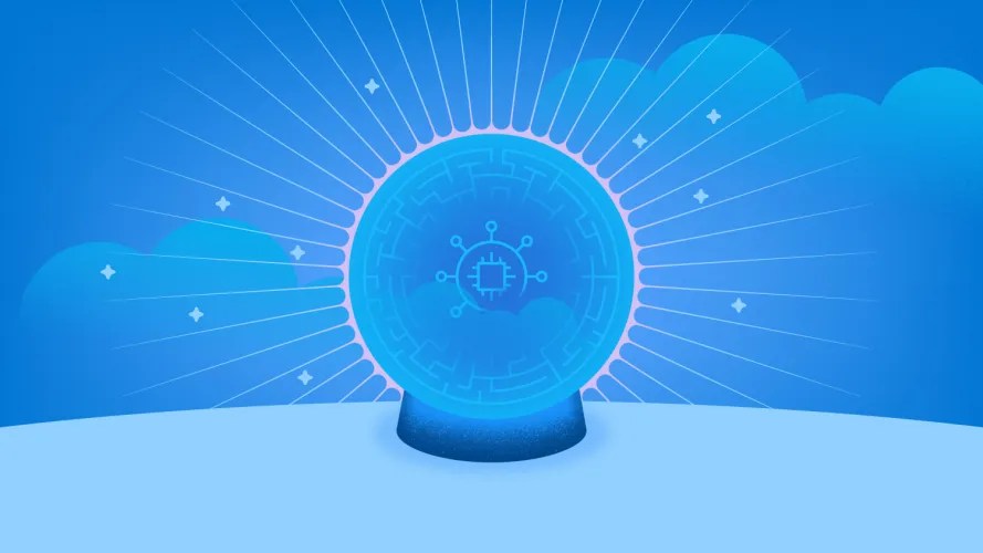 A imagem representa uma bola de cristal no estilo de uma vidente, reinterpretada com um enfoque tecnológico e futurista. Em tons de azul, a bola de cristal exibe em seu interior um circuito eletrônico central cercado por um design de labirinto, simbolizando a complexidade e o mistério da tecnologia moderna. Raios de luz irradiam da esfera, evocando uma sensação de previsão e conexão com o futuro. O fundo inclui nuvens e estrelas estilizadas, reforçando um ambiente mágico combinado com avanços digitais, ideal para transmitir a ideia de "prever" tendências tecnológicas ou inovações.