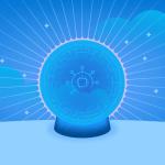 A imagem representa uma bola de cristal no estilo de uma vidente, reinterpretada com um enfoque tecnológico e futurista. Em tons de azul, a bola de cristal exibe em seu interior um circuito eletrônico central cercado por um design de labirinto, simbolizando a complexidade e o mistério da tecnologia moderna. Raios de luz irradiam da esfera, evocando uma sensação de previsão e conexão com o futuro. O fundo inclui nuvens e estrelas estilizadas, reforçando um ambiente mágico combinado com avanços digitais, ideal para transmitir a ideia de "prever" tendências tecnológicas ou inovações.