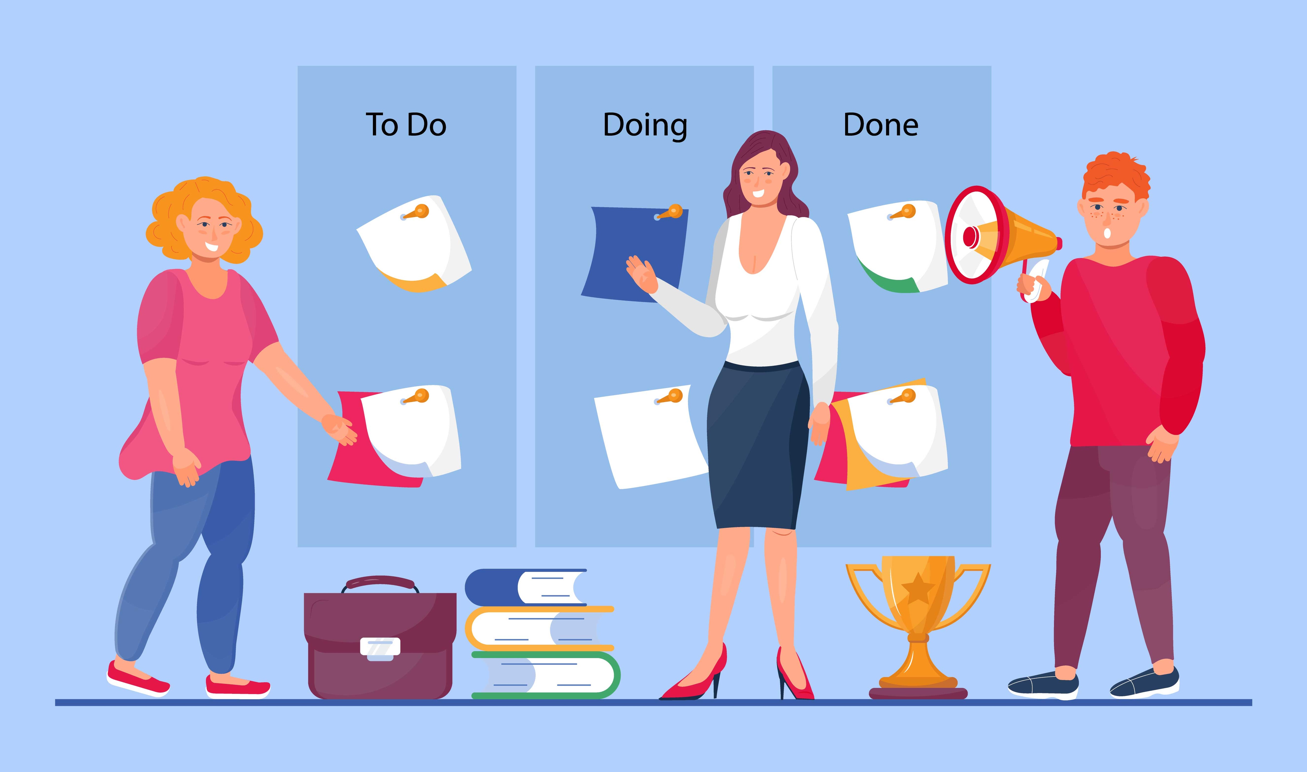 Imagem de três pessoas em frente à um quadro com post-its no com as divisões "to do", "doing"and "done".
