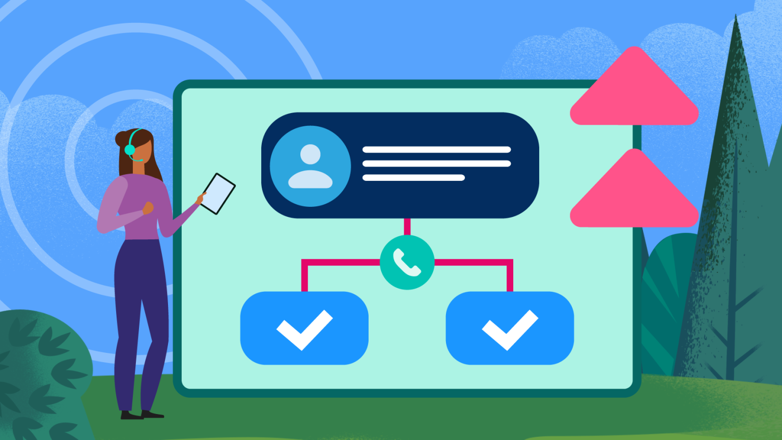 imagem ilustrativa de uma moça, usando headset, ao lado de uma grande tela de computador